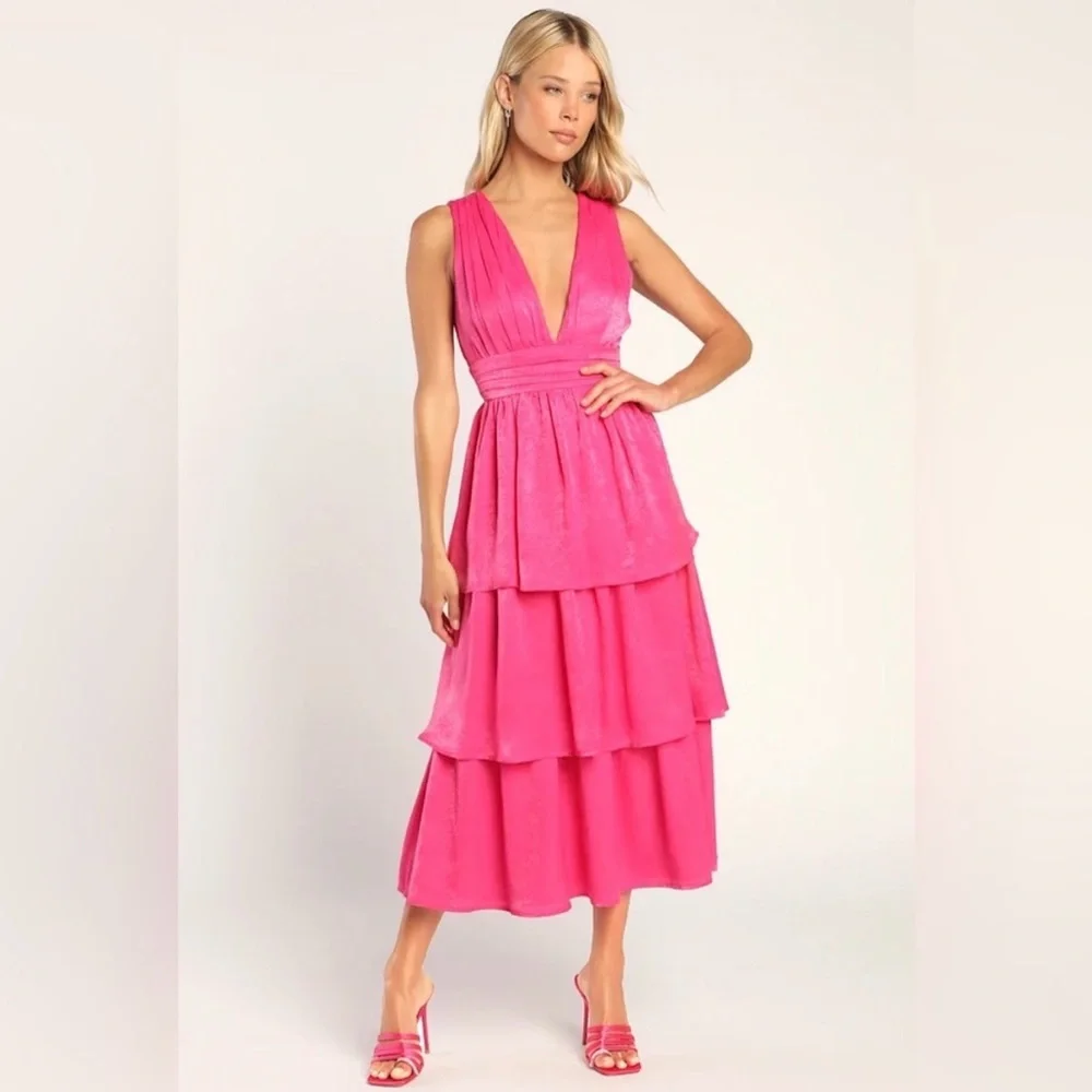 NWT Lulus Peak Party Vibe Hot Pink Satin Tiered Tie-Back Midi Dress - Picture 1 of 8